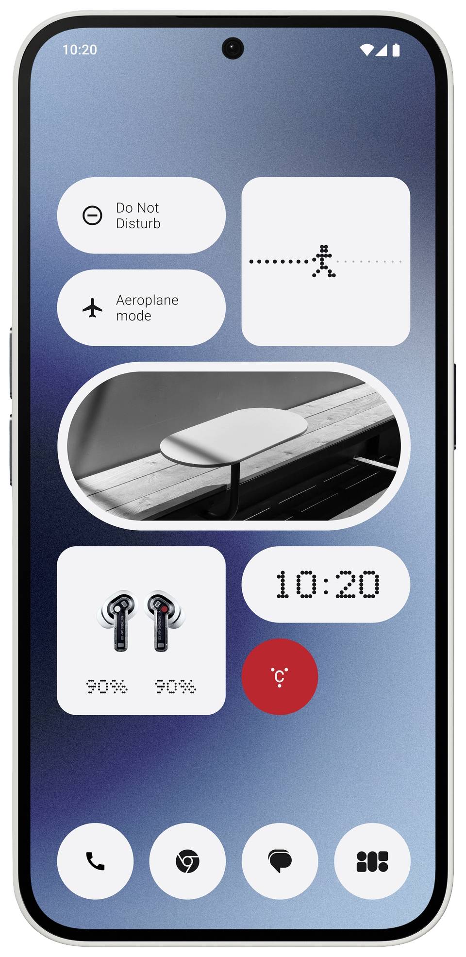 Smartphone-Bildschirm mit Widgets: Nicht stören, Flugmodus, Fitness-Tracker, Ladezustand von Kopfhörern (je 90 %) und Uhrzeit 10:20.