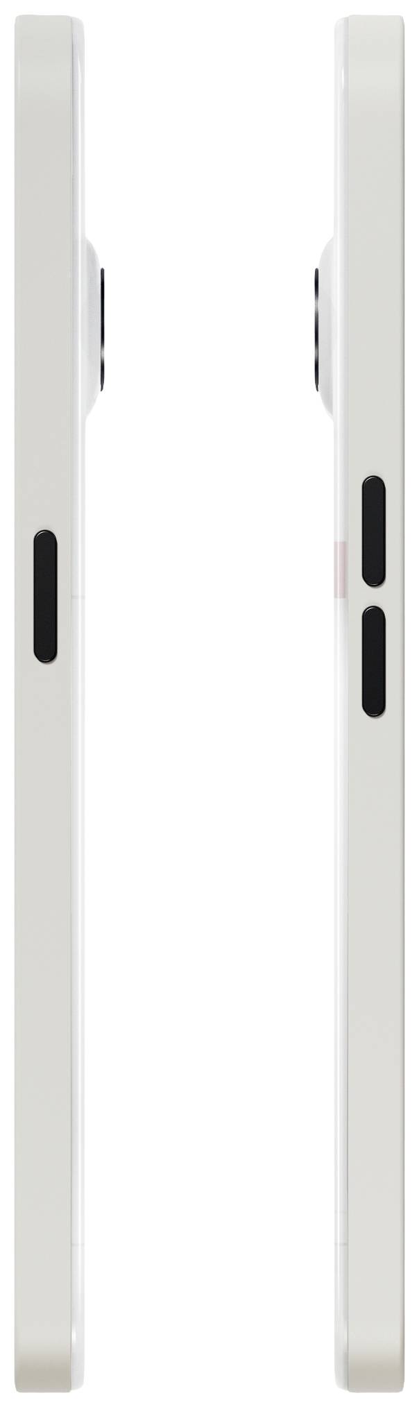 Zwei weiße Smartphones im Profil nebeneinander, zeigen die Seitenansicht mit erkennbaren Knöpfen und leicht hervorstehenden Kameras.