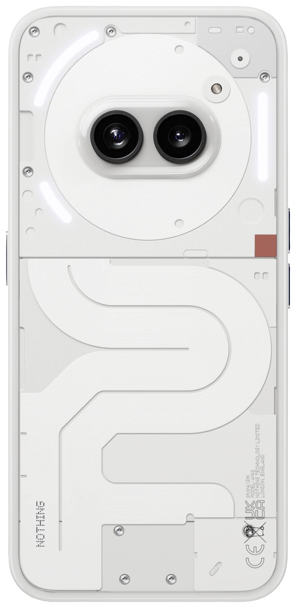 Ein weißes Smartphone mit einem transparenten Gehäuse, das die Innenteile zeigt. Zwei Kameralinsen sind oben in der Mitte platziert.