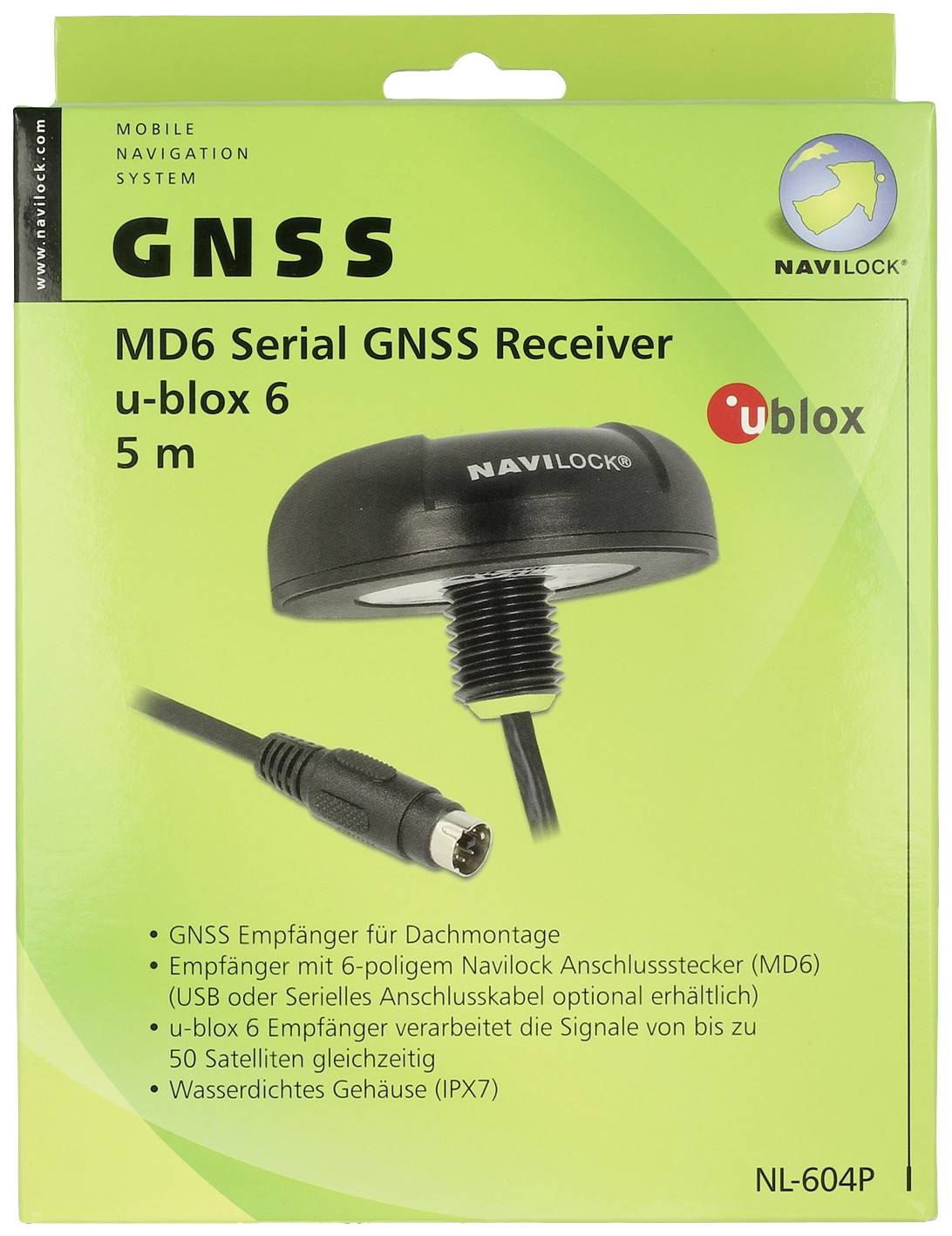 Grüne Verpackung eines GNSS-Receivers mit Produktname 'u-blox 6', Abbildung des Geräts, und Auflistung der technischen Spezifikationen.