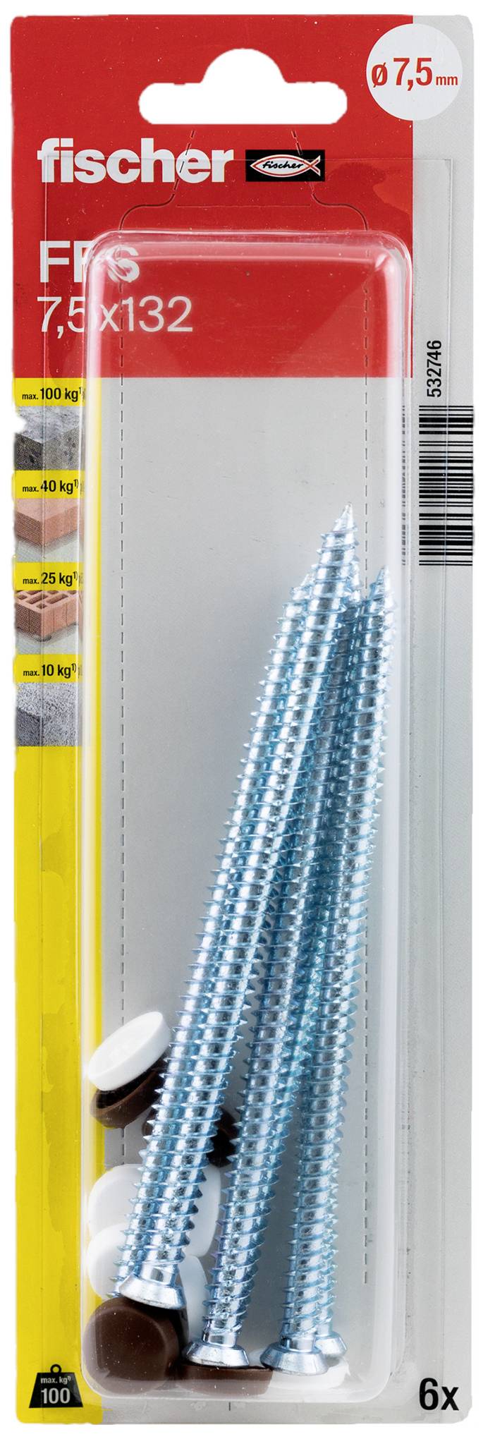 Verpackung von Fischer, enthält sechs Metallnägel, 7,5 x 132 mm angegeben. Oben rechts rotes Etikett mit Größe 7,5 mm.