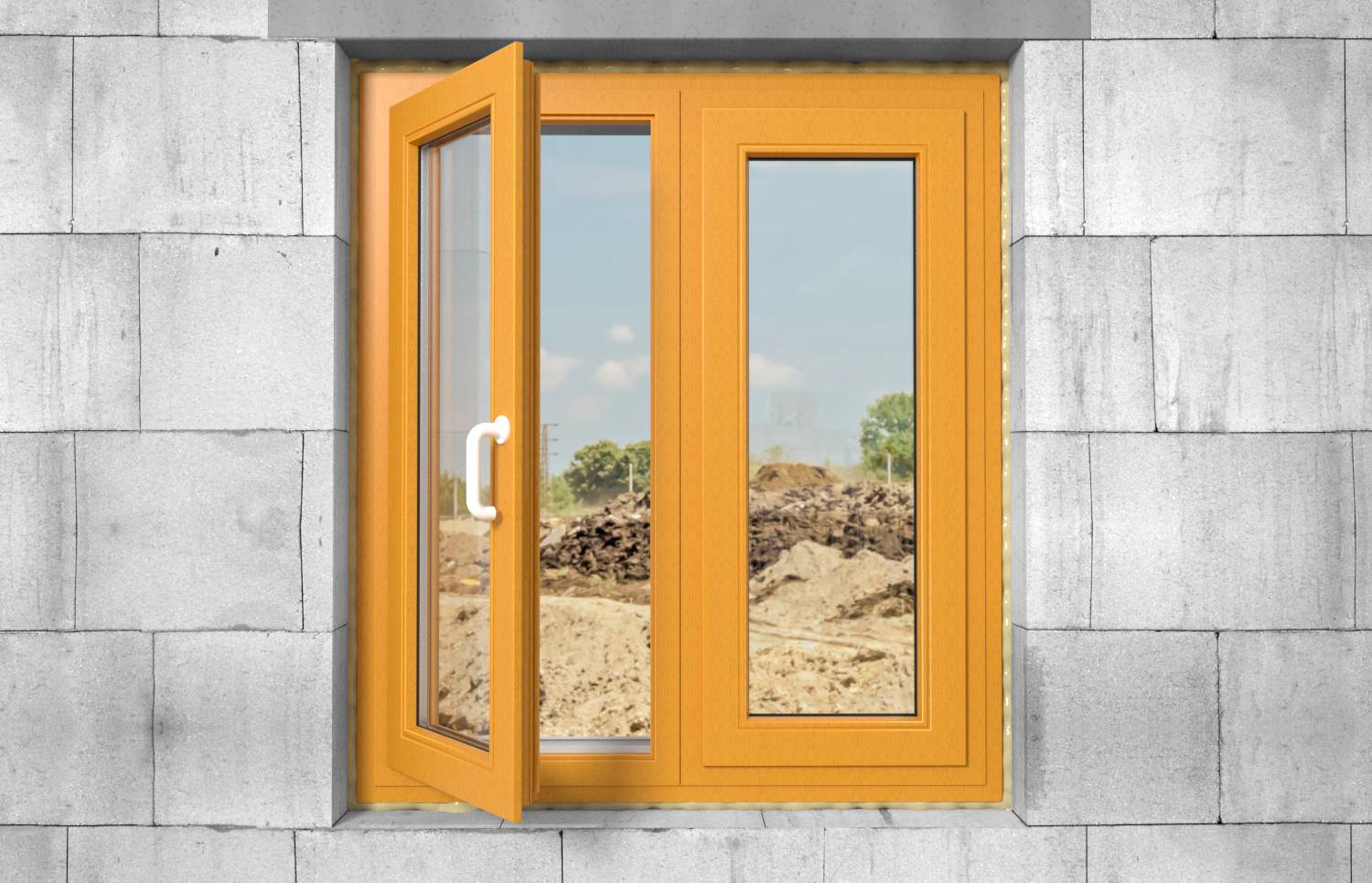 Fenster mit orangefarbenem Rahmen in einer grauen Steinmauer eingelassen, wobei das linke Flügelfenster nach außen geöffnet ist.