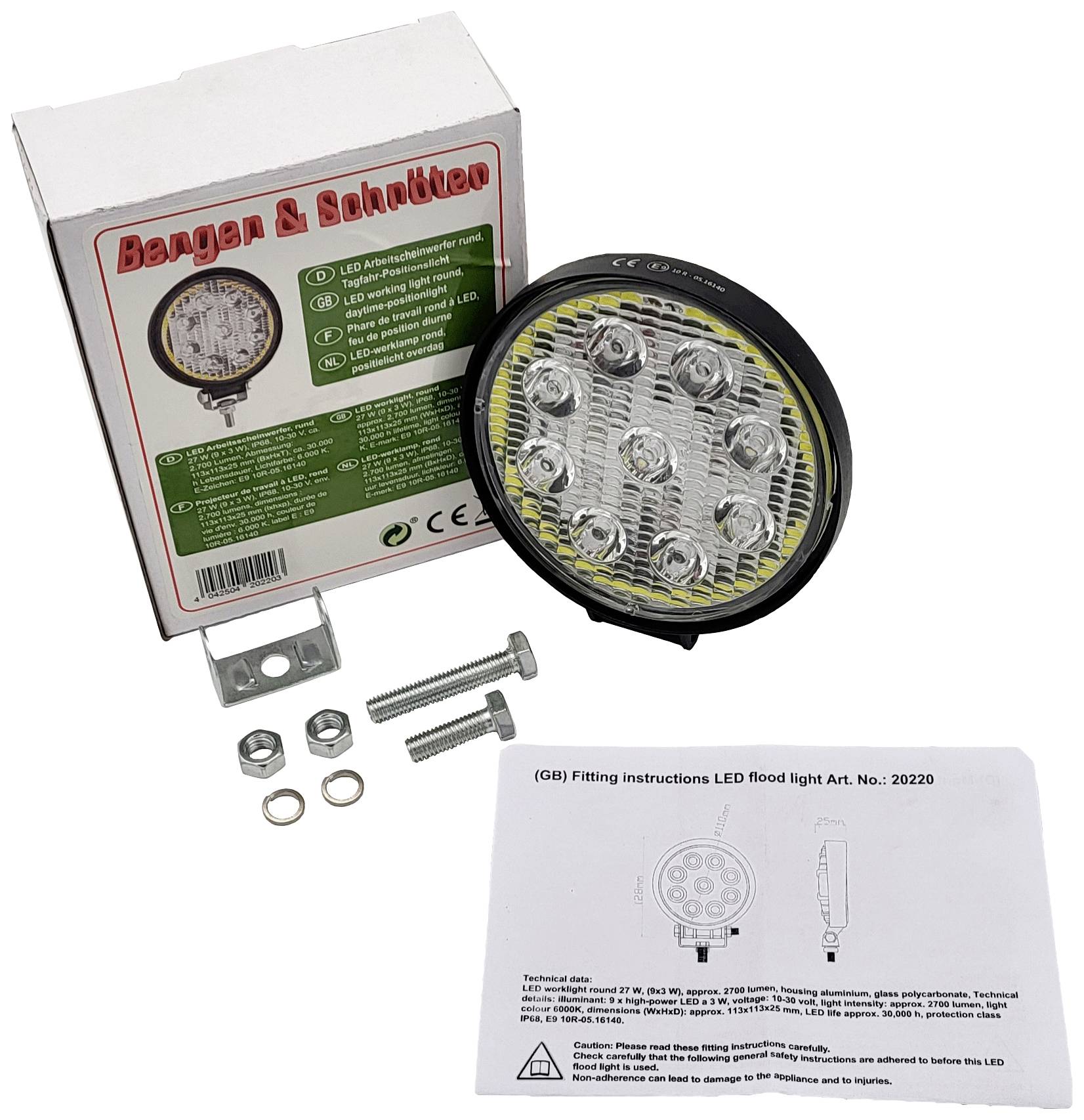 Runder LED-Scheinwerfer mit acht LED-Leuchten. Verpackung und Montagezubehör wie Schrauben und Halterung enthalten.