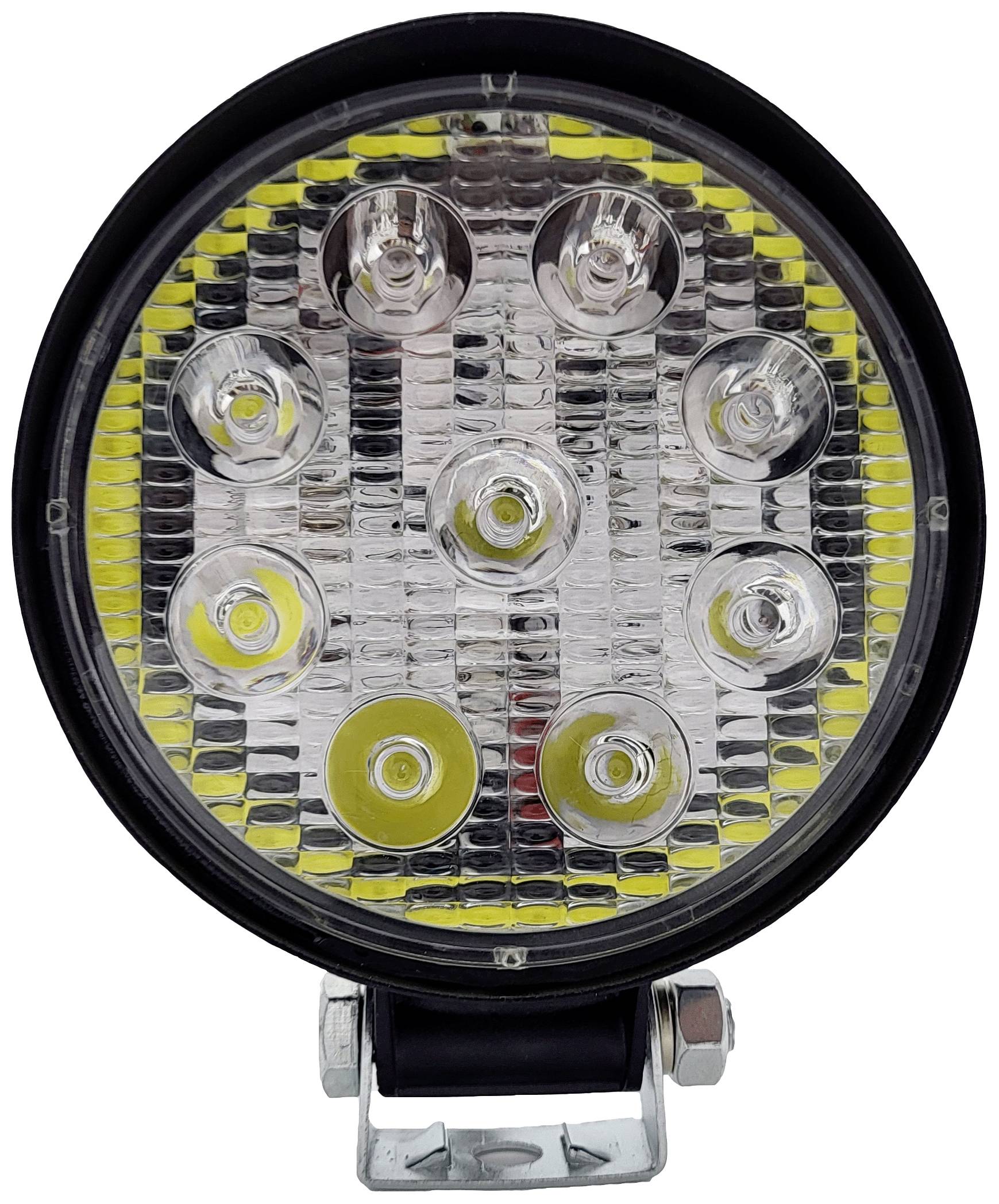 Runder LED-Scheinwerfer mit neun einzelnen Leuchtpunkten. Silbernes Gehäuse mit gelben Akzenten um die Lichter herum.