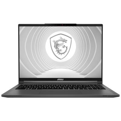 Ein Laptop von MSI mit eingeschaltetem Bildschirm, der das MSI-Drachenlogo in einem futuristischen Design zeigt.
