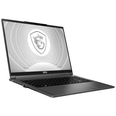 Ein offenes Laptop von MSI, schräg von der Seite fotografiert, mit einem Bild eines Drachenlogos auf dem Bildschirm.