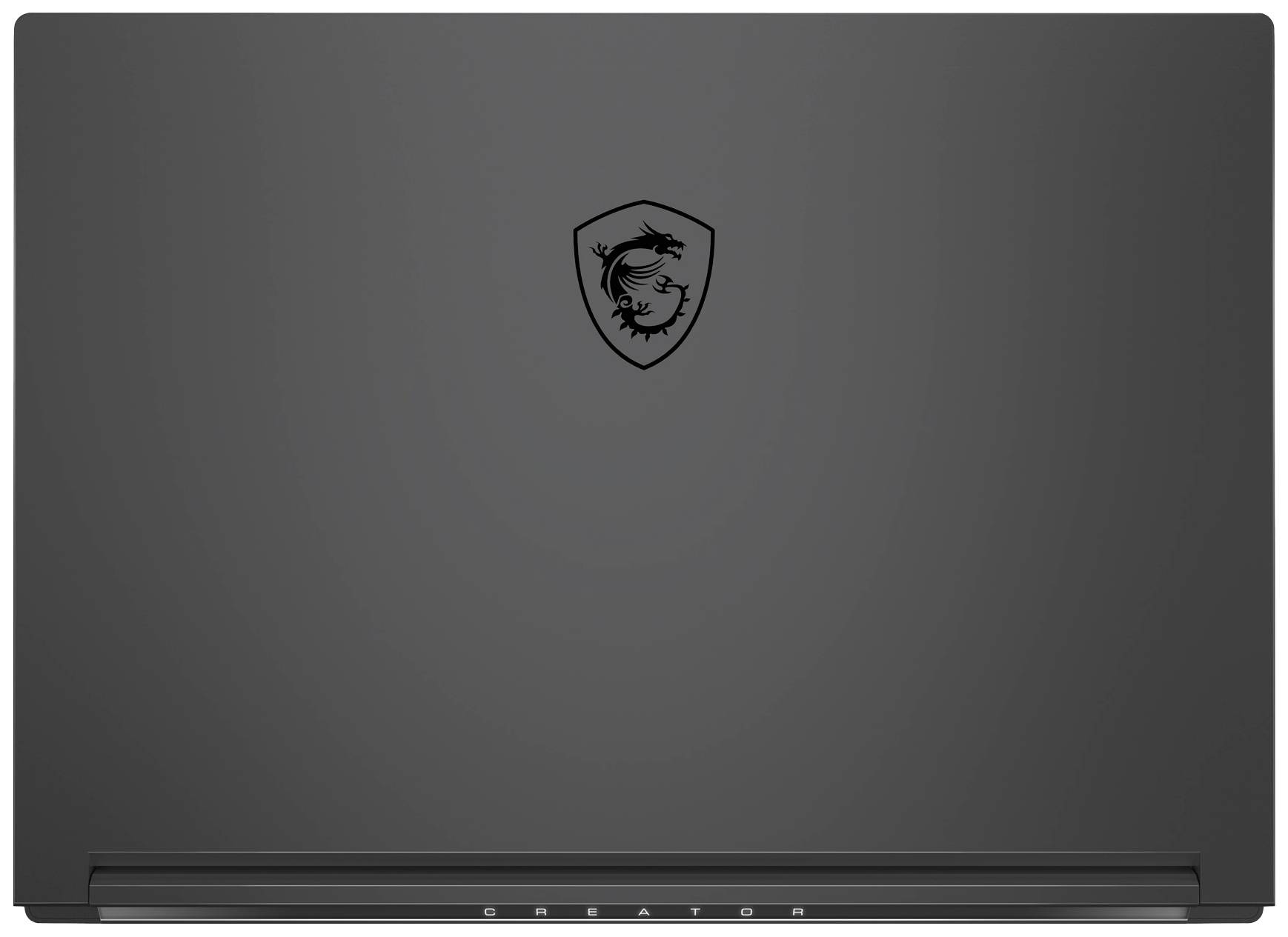 Laptop mit geschlossenem Deckel, schwarzes Design mit auffälligem Drachenlogo in der Mitte.