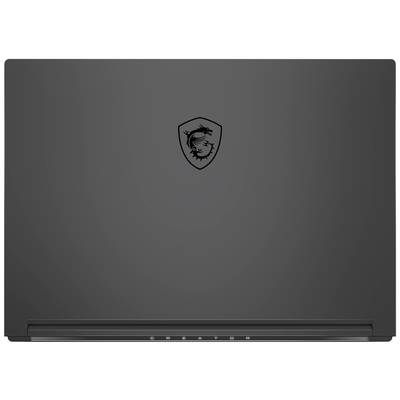 Laptop mit geschlossenem Deckel, schwarzes Design mit auffälligem Drachenlogo in der Mitte.