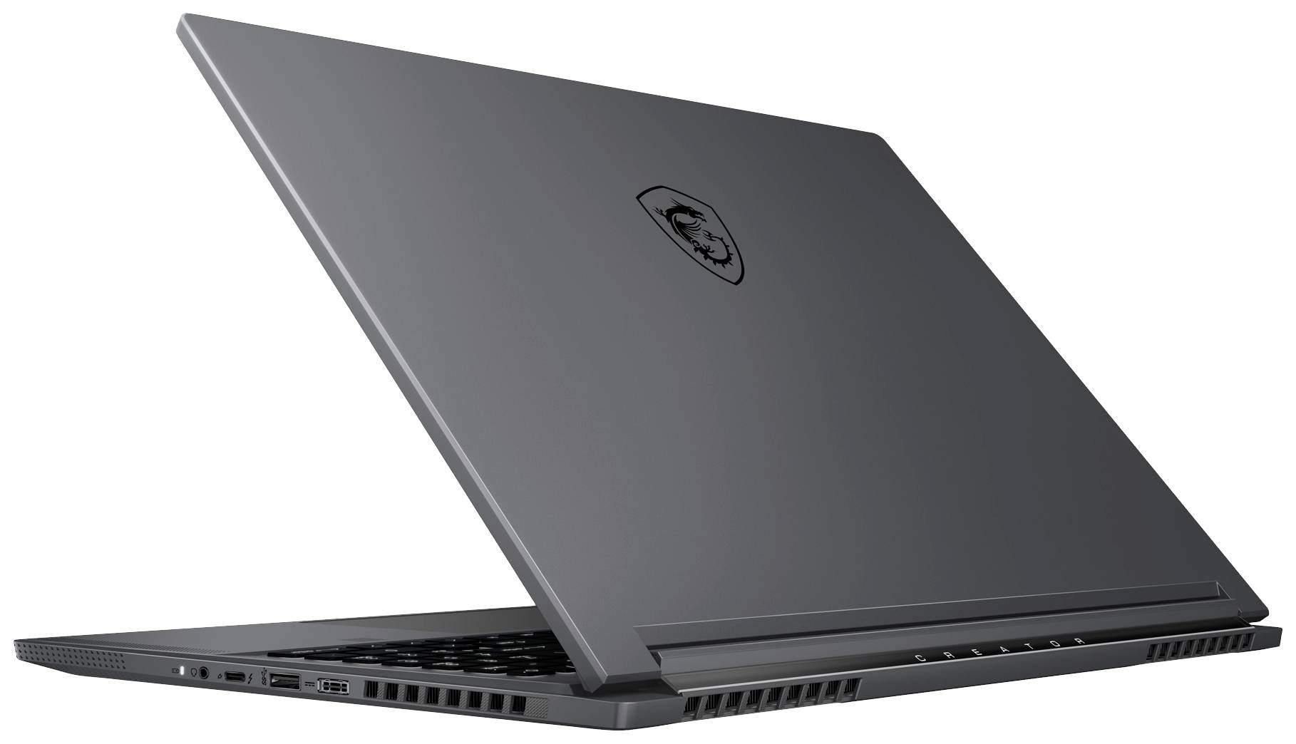 Ein silberner Laptop in seitlicher Ansicht mit einem Logo auf dem Deckel, leicht geöffnet, zeigt Lüftungsschlitze und Anschlüsse.