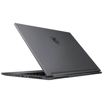 Ein silberner Laptop in seitlicher Ansicht mit einem Logo auf dem Deckel, leicht geöffnet, zeigt Lüftungsschlitze und Anschlüsse.