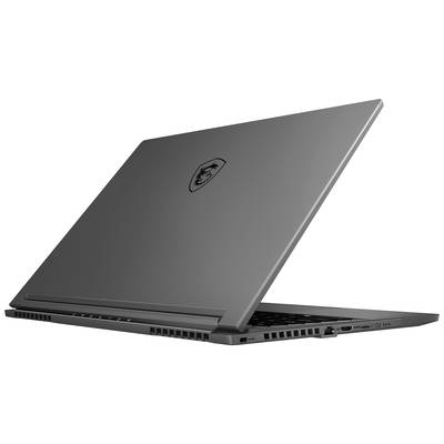 Ein grauer Laptop ist von hinten im seitlichen Winkel zu sehen, leicht geöffnet. Auf dem Deckel ist ein stilisiertes Logo zu erkennen.