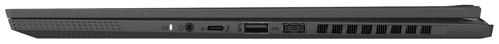 Dünner, schwarzer Laptop von der Seite, zeigt verschiedene Anschlüsse und Lüftungsschlitze.