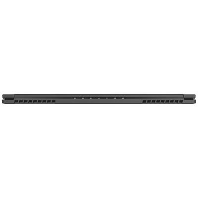 Schwarze Laptop-Unterseite mit Belüftungsschlitzen und in der Mitte hervorgehobene Buchstaben.