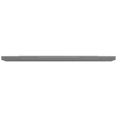 Ein grauer Laptop von der Seite, geschlossen, zeigt die Kante und Lüftungsöffnungen.