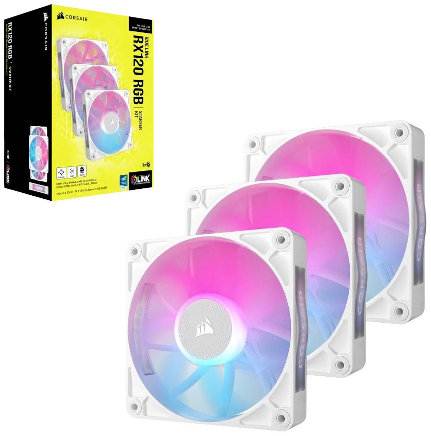 Aktive Kühler von Corsair mit RGB-Beleuchtung, drei Stück in Weiß. Gelbe Verpackung der Corsair iCUE-Serie im Hintergrund.