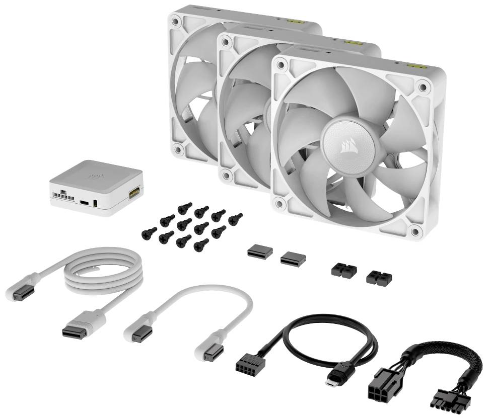 Drei weiße Ventilatoren mit Zubehör und Kabeln, geeignet für Computer-Gehäusekühlung. Beinhaltet Montagezubehör und Steuerbox.