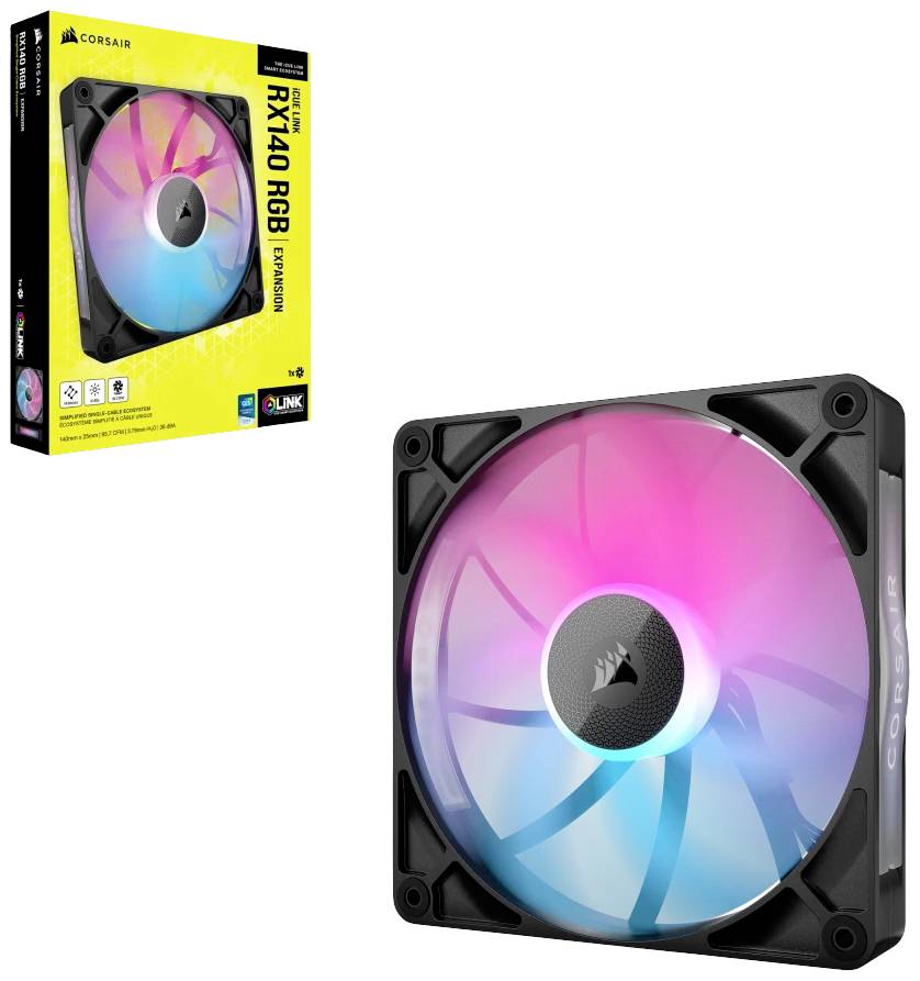 RGB-Gehäuselüfter von Corsair mit leuchtenden Farben. Verpackung zeigt Produktname 'RX140 RGB' und Kompatibilitätshinweise.