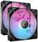 Zwei computergesteuerte Lüfter mit RGB-LEDs zeigen eine leuchtende rosa-blau Farbverlauf und schwarzen Rahmen.