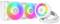 Zwei Computerlüfter mit RGB-Beleuchtung, die leuchtende Farben zeigen. Rechts ist eine Flüssigkeitskühlungseinheit, weiß mit Logo.