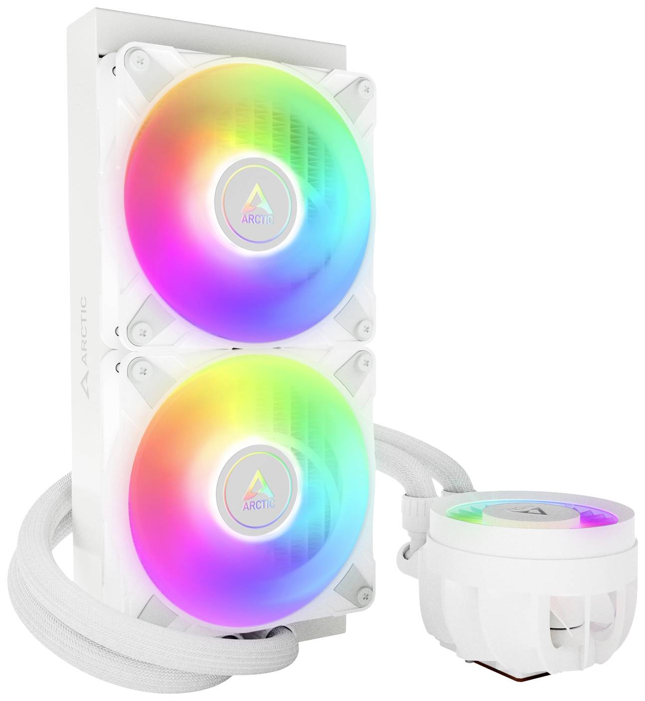 Zwei leuchtende RGB-Lüfter und eine weiße Kühlungseinheit für Computer mit dem Logo 'ARCTIC', verbunden mit weißen Schläuchen.