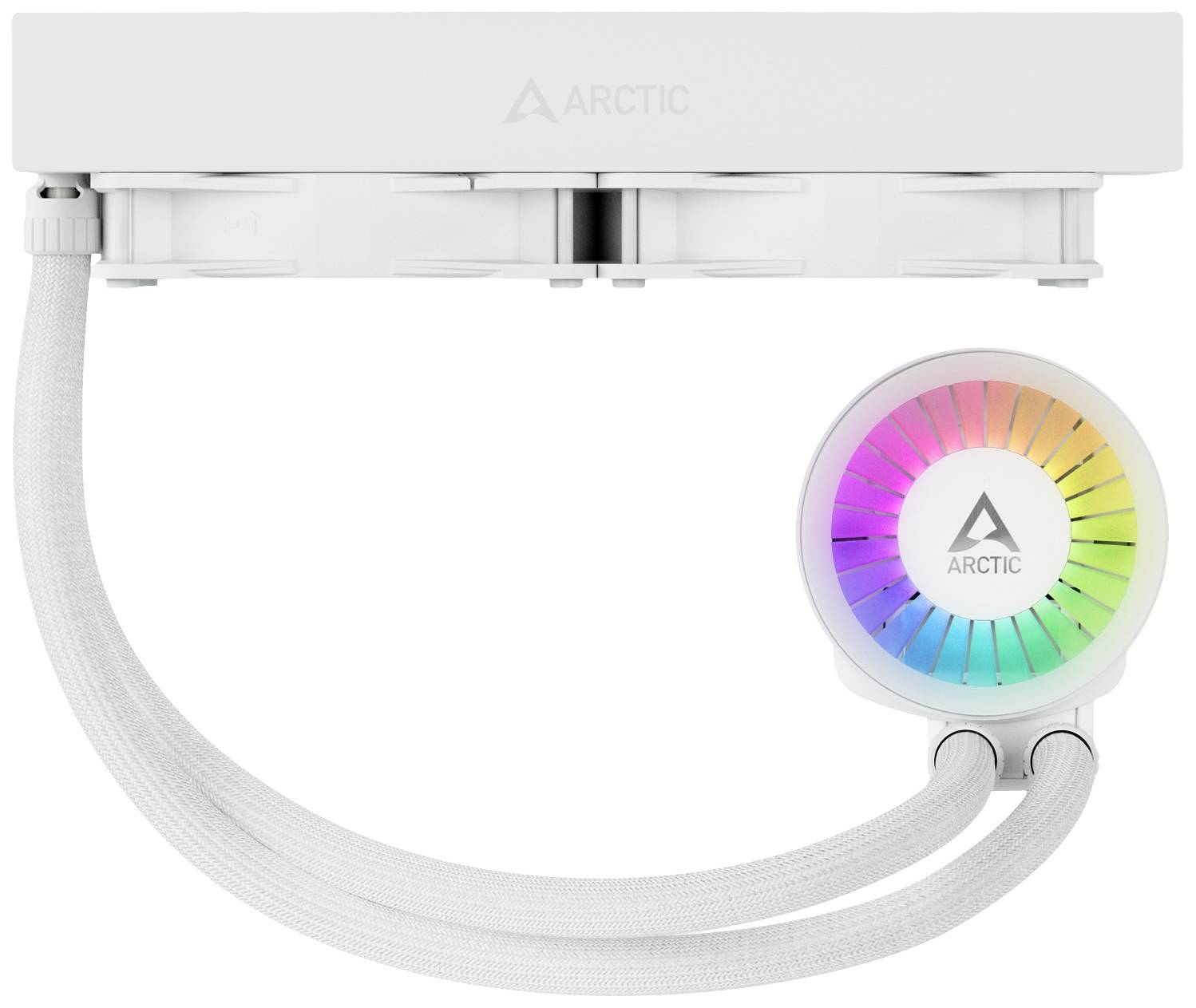 Weiße ARCTIC-Wasserkühlungseinheit mit RGB-beleuchtetem Lüfter und zwei Schläuchen.
