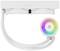 Weiße ARCTIC-Wasserkühlungseinheit mit RGB-beleuchtetem Lüfter und zwei Schläuchen.
