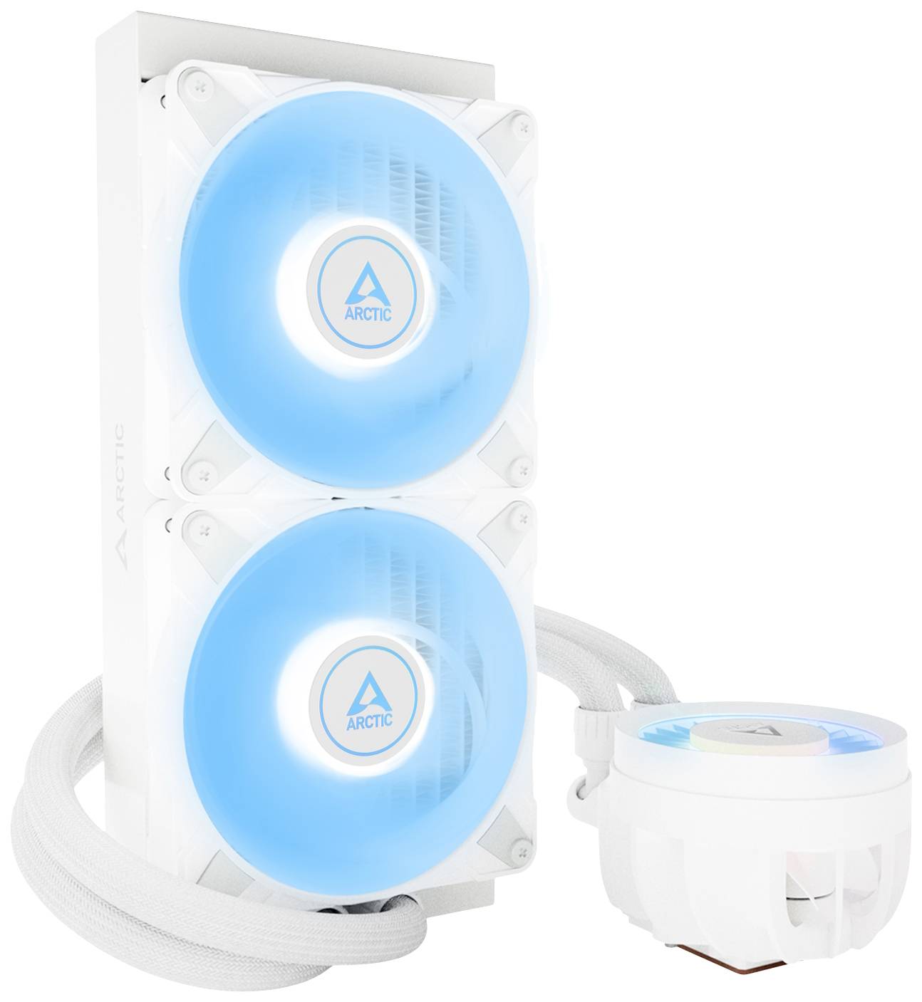 Zwei leuchtende, blaue Lüfter mit Arctic-Logo, montiert auf einem Kühlkörper, verbunden mit einem weißen Kühlblock durch Schläuche.