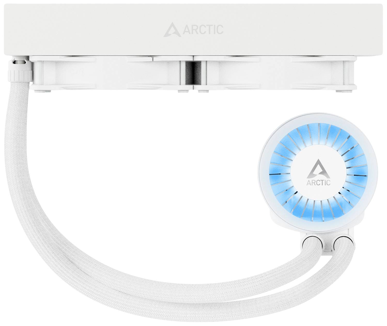 Arctic Flüssigkeitskühler mit dualen Lüftern und blauer LED-Beleuchtung. Designed für PC-Kühlung und effiziente Wärmeableitung.