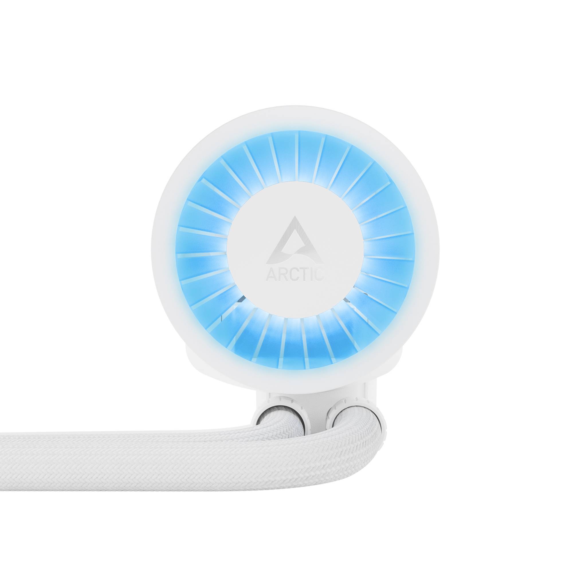 Runder, weißer Computerkühler mit blau leuchtender LED und zwei Schläuchen, Markenname 'Arctic' in der Mitte sichtbar.