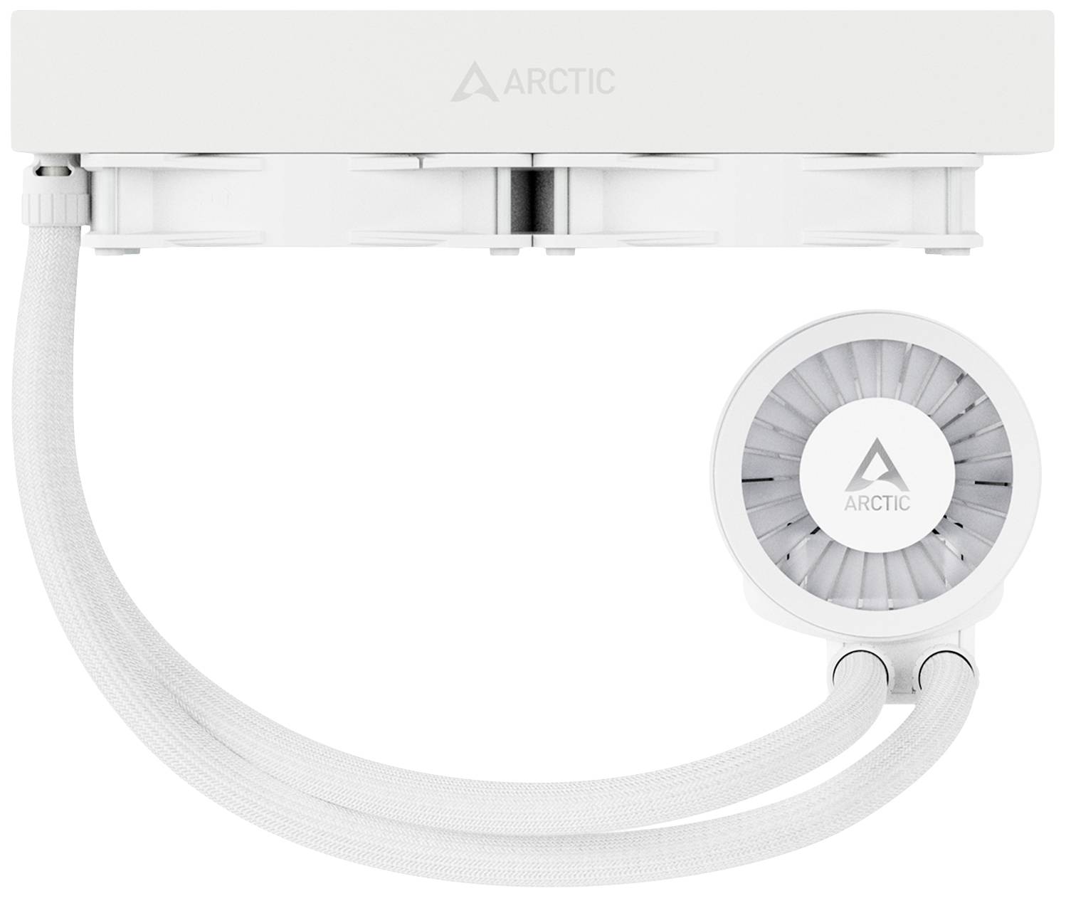 Weißer ARCTIC CPU-Kühler mit zwei Lüftern und einem Wasserkühlblock, verbunden durch zwei flexible Schläuche.