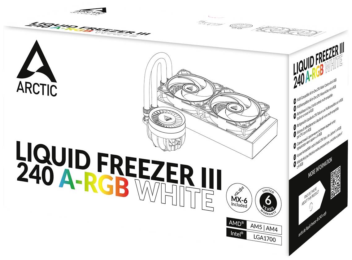 Weiße Verpackung des 'Arctic Liquid Freezer III 240 A-RGB'-Wasserkühlers mit Abbildung des Produkts, Markenlogo und Spezifikationen.