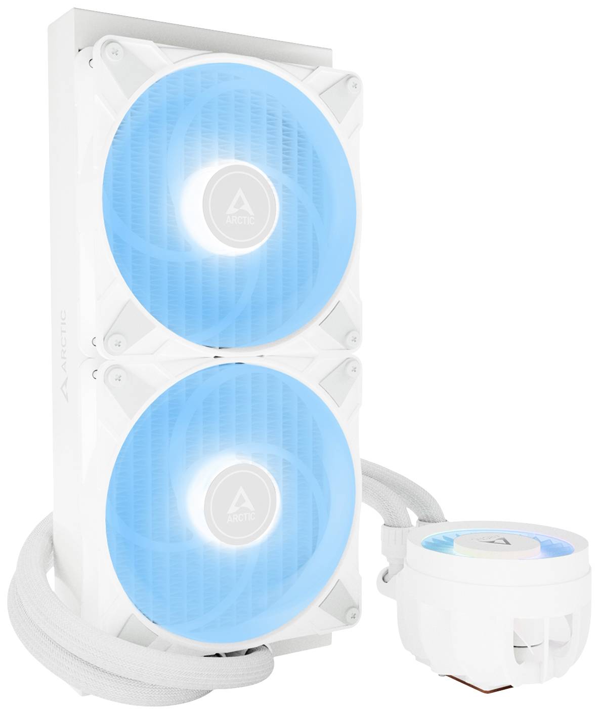 Ein weißer CPU-Wasserkühler mit zwei blauen LED-Lüftern, verbunden über Schläuche mit einer kreisförmigen Kühlpumpe.