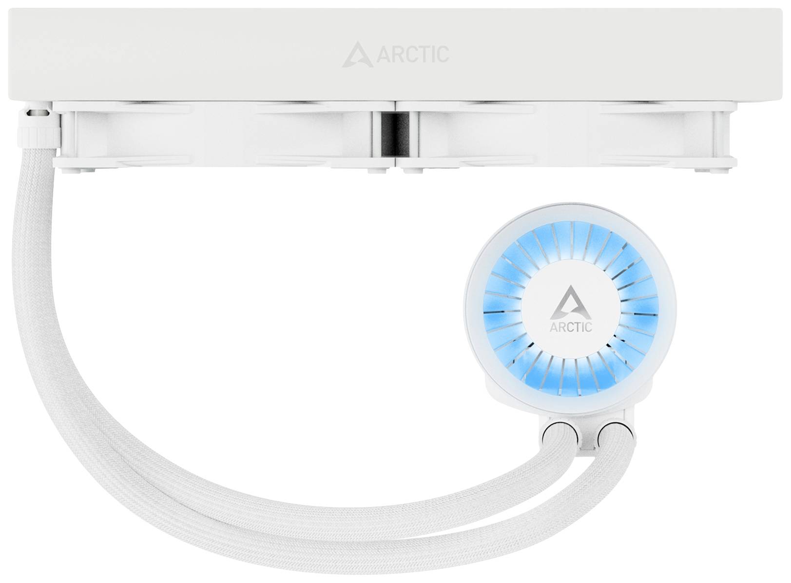 Kühlkörper mit zwei Lüftern von Arctic. Der runde Wasserblock hat ein leuchtend blaues LED-Logo. Verbindet über weiße Schläuche.