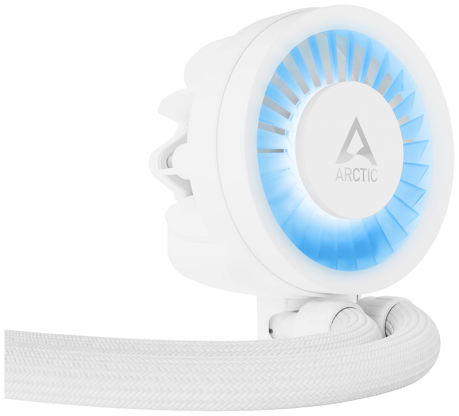 Weiße Kühlmittelpumpe mit blauem Lichteffekt und 'ARCTIC'-Logo, verbunden mit weißen Schläuchen.