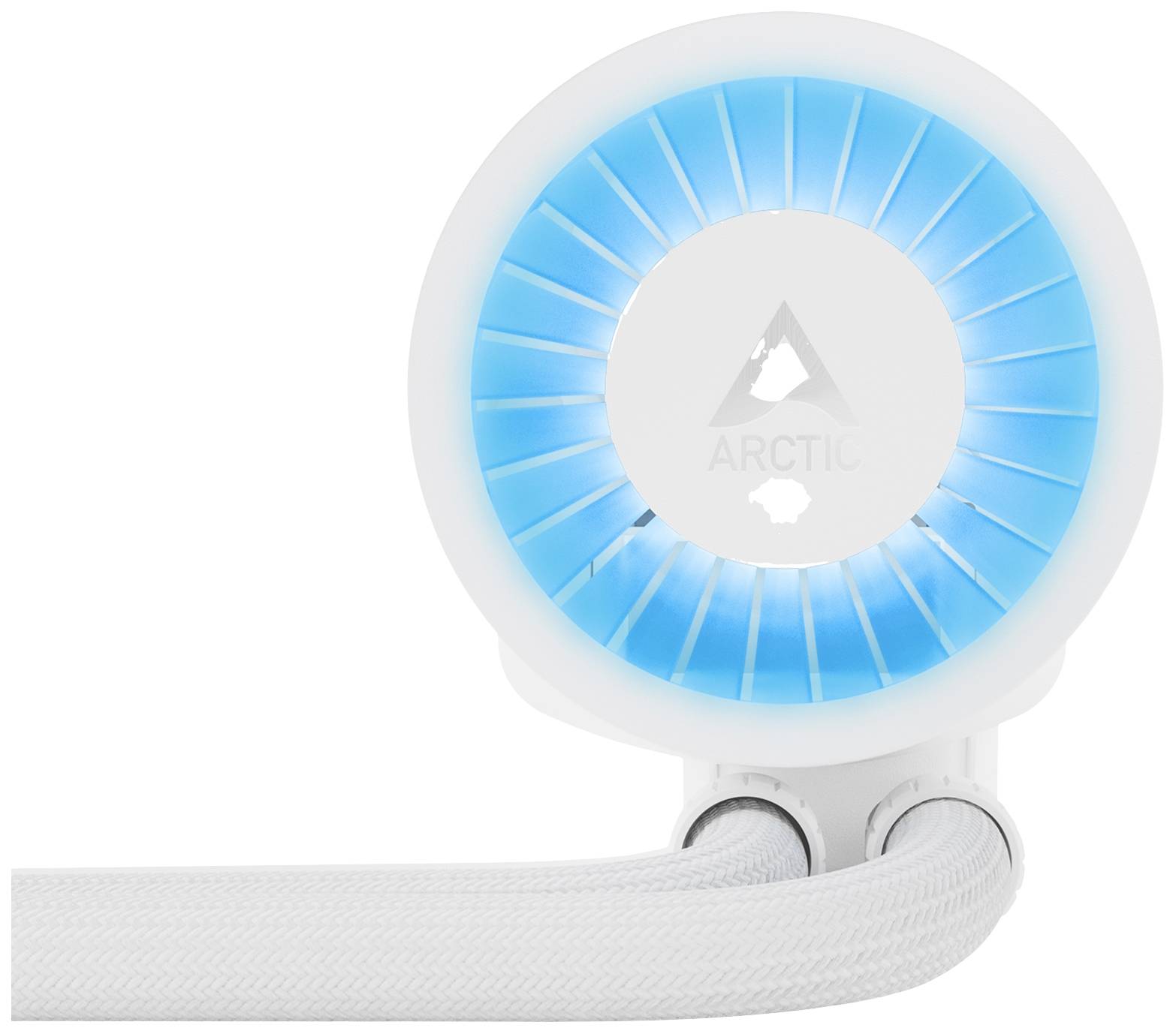Eine weiße PC-Wasserkühlungspumpe mit blau leuchtendem Ring und dem Logo 'ARCTIC' in der Mitte.