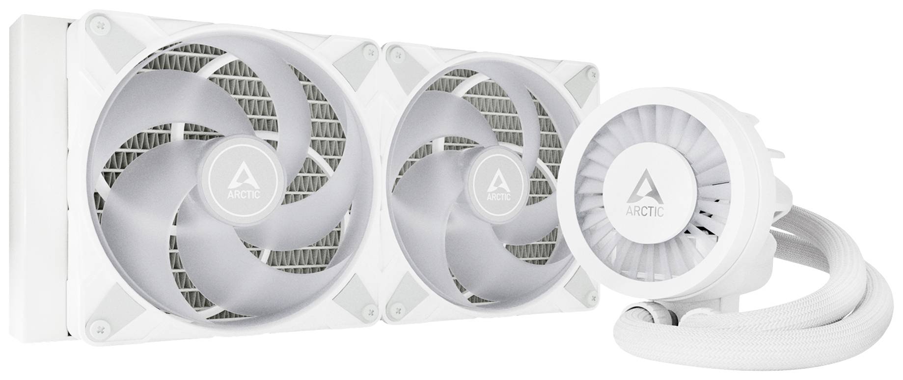 Zwei weiße PC-Kühler mit Lüftern und Kühlkörpern. Logo 'ARCTIC' sichtbar auf den Lüftern. Verwendet für Computer-Kühlung.