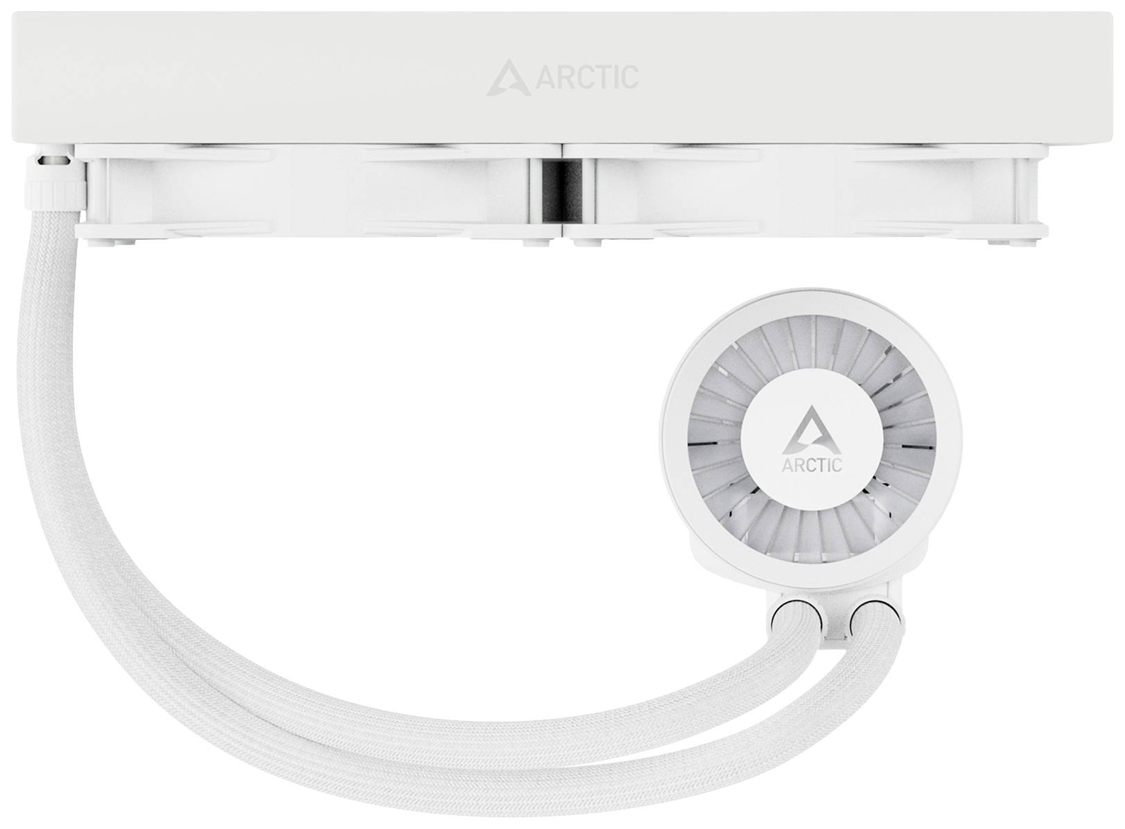 Weiße CPU-Wasserkühlung von Arctic, bestehend aus einem Doppellüfter-Radiator und einer runden Pumpe, verbunden durch zwei Schläuche.