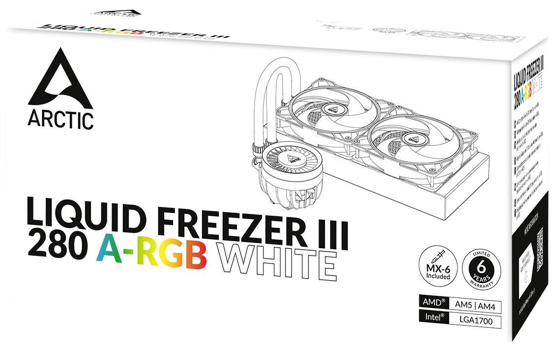 Verpackung der 'Arctic Liquid Freezer III 280 A-RGB White', zeigt ein Bild des Kühlers mit dualen Lüftern und RGB-Beleuchtung.