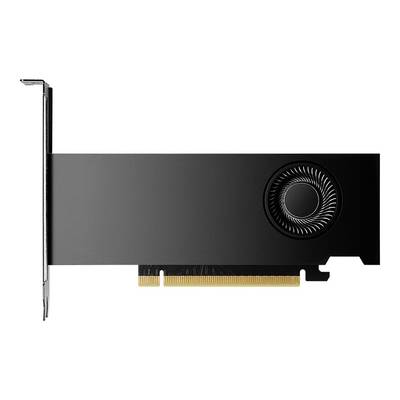 Schwarze Grafikkarte mit Lüfter rechts und goldfarbenem PCIe-Anschluss unten. Schlankes, minimalistisches Design ohne sichtbare Marken.