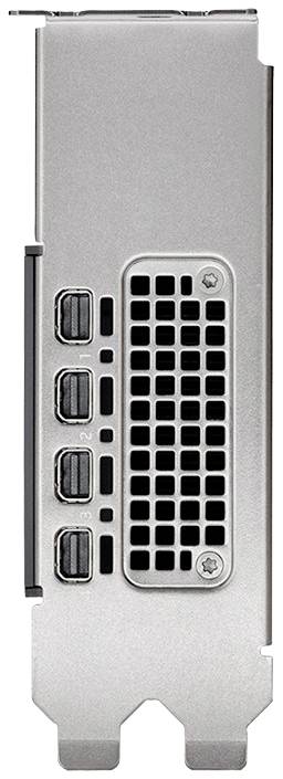 Die Rückseite einer Grafikkarte mit drei Display-Ausgängen und Lüftungsschlitzen, geeignet für High-Performance-Computing.