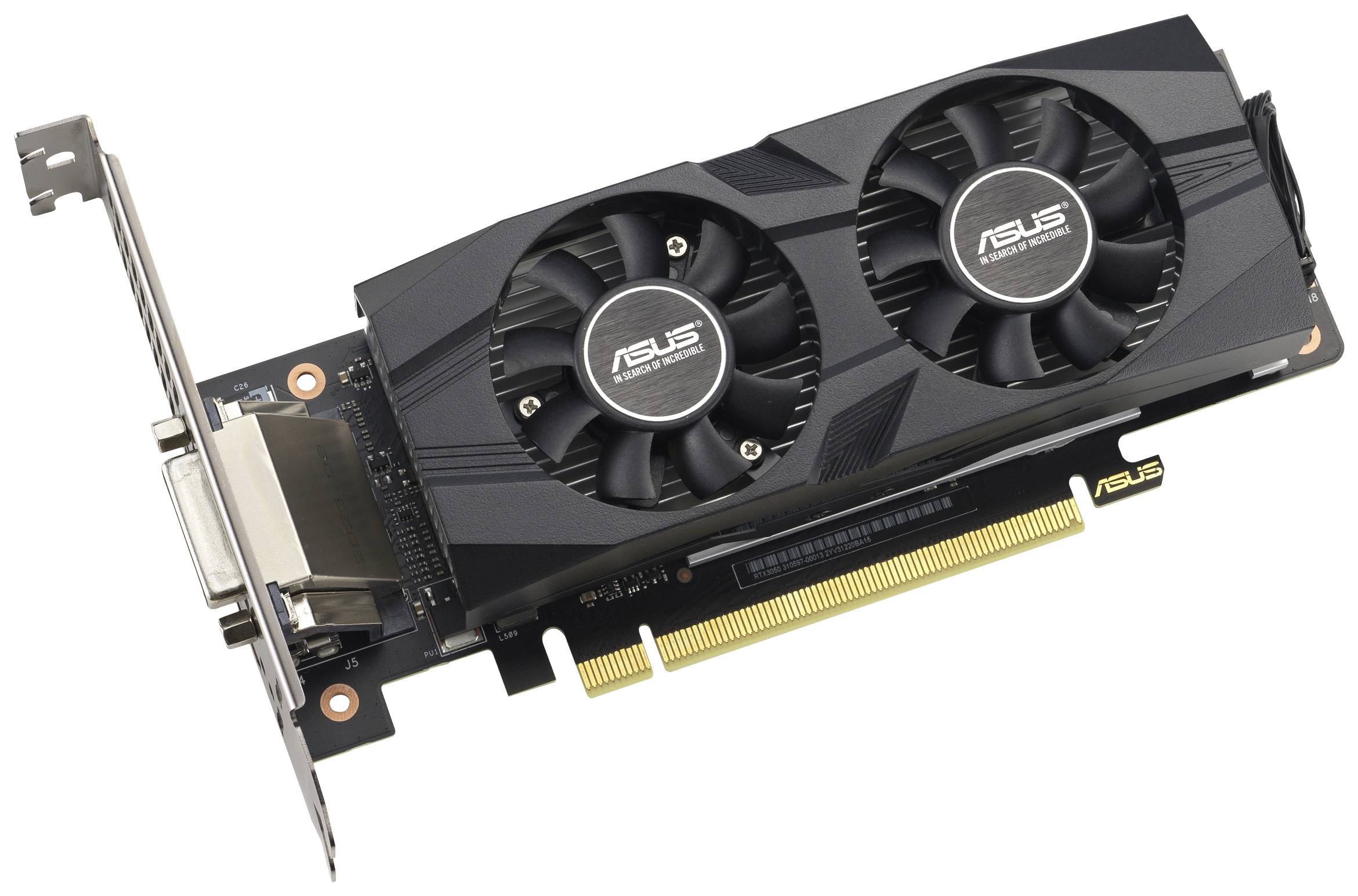 Schwarze ASUS-Grafikkarte mit zwei Lüftern und einem PCIe-Anschluss, darauf das ASUS-Logo sichtbar.