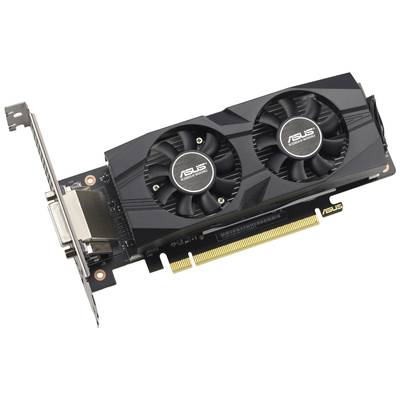 Schwarze ASUS-Grafikkarte mit zwei Lüftern und einem PCIe-Anschluss, darauf das ASUS-Logo sichtbar.