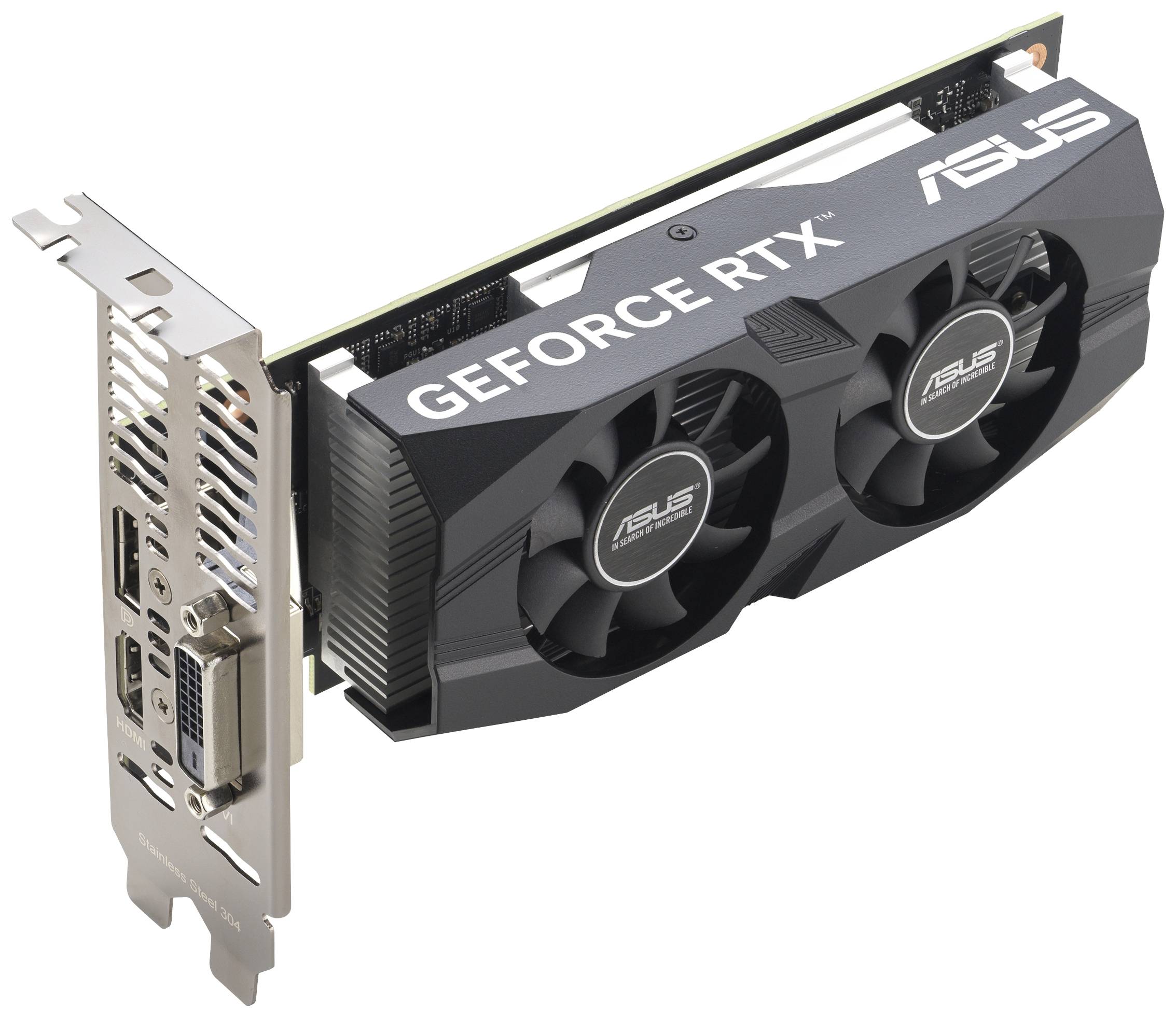 'ASUS GeForce RTX Grafikkarte mit zwei Lüftern, mehrerer Anschlüsse und einem schwarz-weißen Design.'