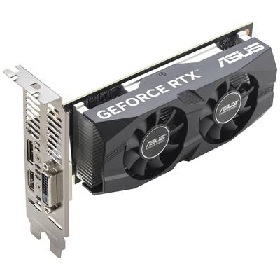 'ASUS GeForce RTX Grafikkarte mit zwei Lüftern, mehrerer Anschlüsse und einem schwarz-weißen Design.'