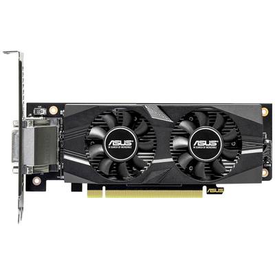 'ASUS' Grafikkarte mit zwei Lüftern, PCIe-Anschluss und DVI, HDMI, DisplayPort-Ausgängen. Entworfen für Desktop-Computer.