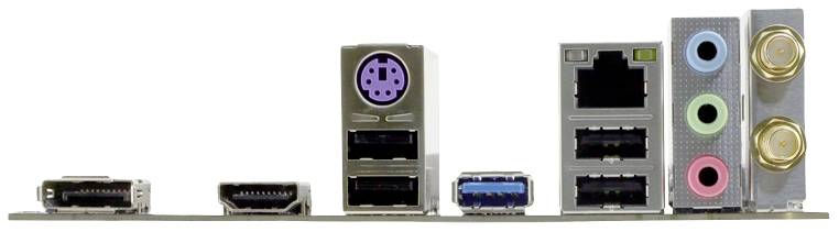 Rückseite eines Computer-Motherboards mit verschiedenen Anschlüssen: HDMI, DisplayPort, USB, Ethernet, Audio und PS/2.