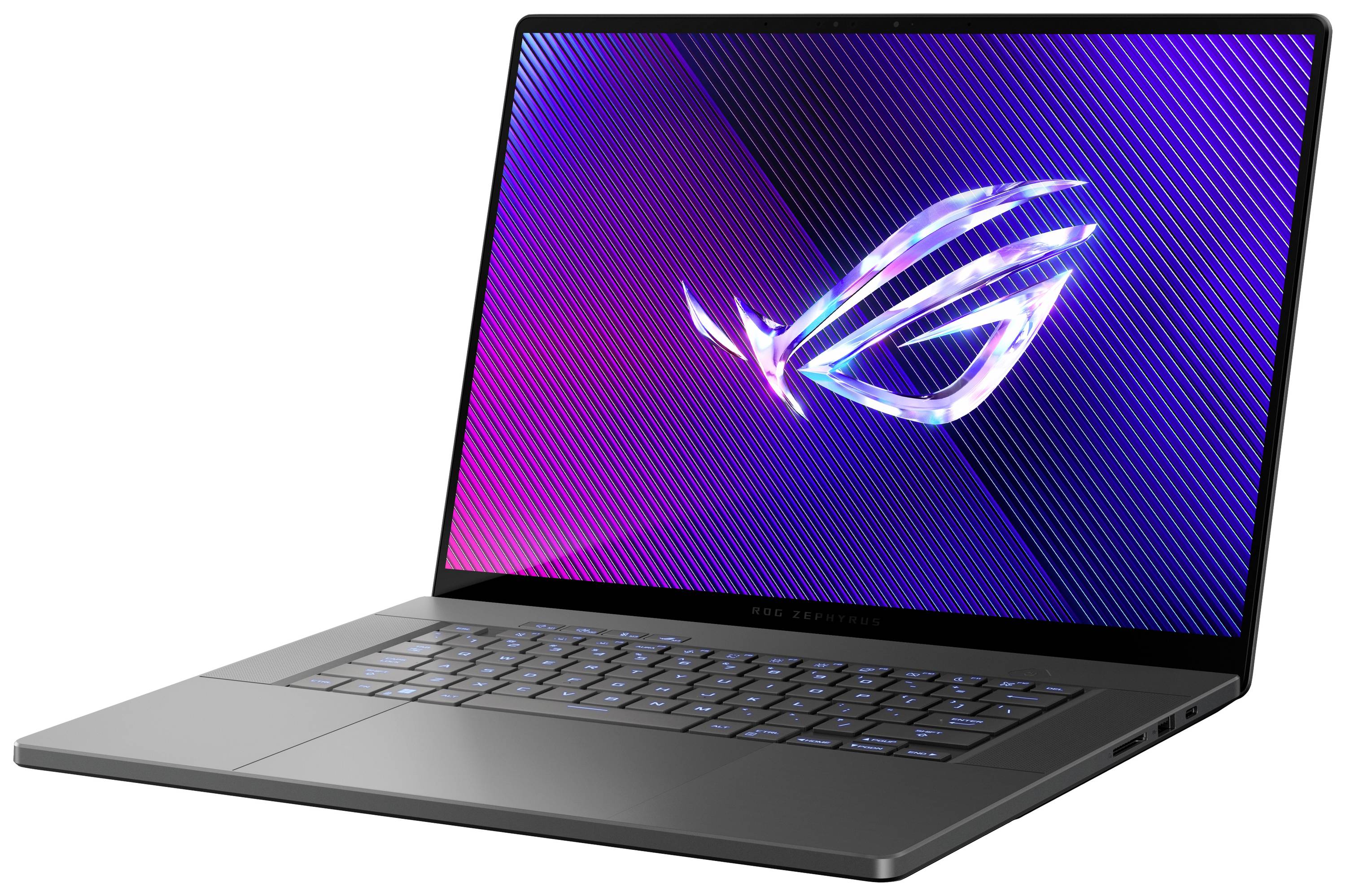 Ein moderner Laptop mit eingeschaltetem Bildschirm, der ein farbenfrohes Logo zeigt. Das Design ist schlank und das Gehäuse dunkelgrau.