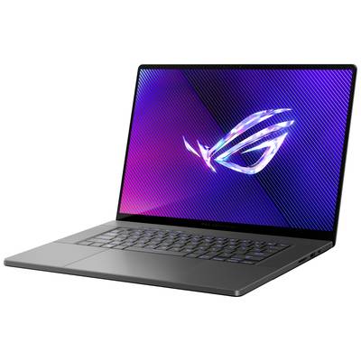 Ein moderner Laptop mit eingeschaltetem Bildschirm, der ein farbenfrohes Logo zeigt. Das Design ist schlank und das Gehäuse dunkelgrau.