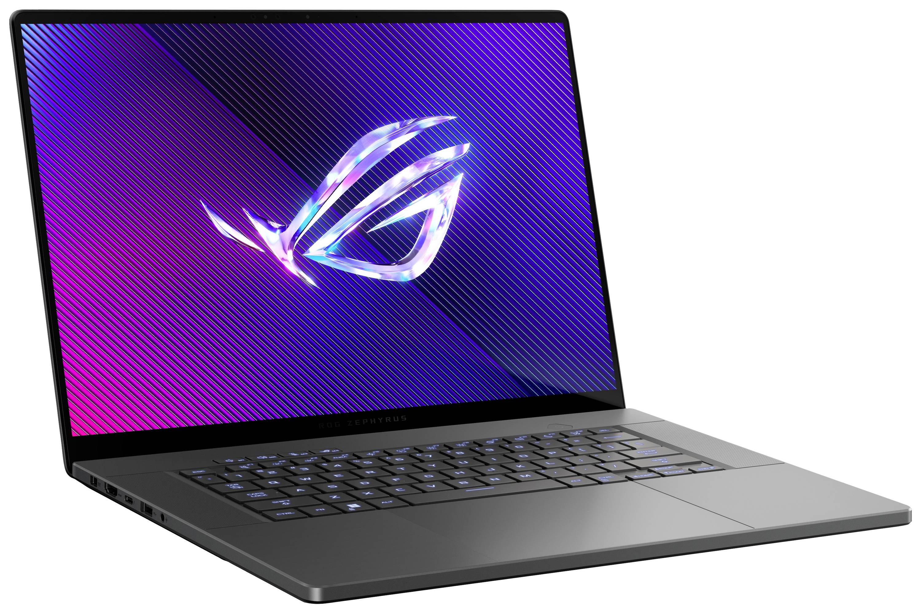 Ein moderner Laptop mit beleuchteter Tastatur und einem leuchtenden Logo auf dem Bildschirm, das ein futuristisches Design zeigt.