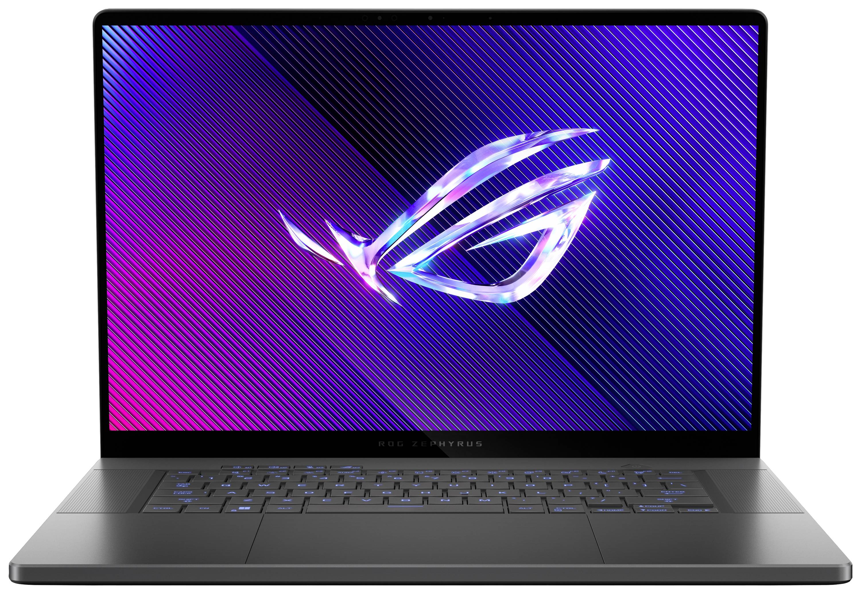 Laptop mit leuchtendem Logo auf dem Bildschirm vor einem dunklen Hintergrund. Tastatur und Gehäuse sind in einem dunklen Design gehalten.